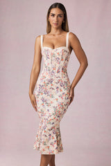 Layered Bra-Detail Fishtail Midaxi Dress in Primrose Floral Print