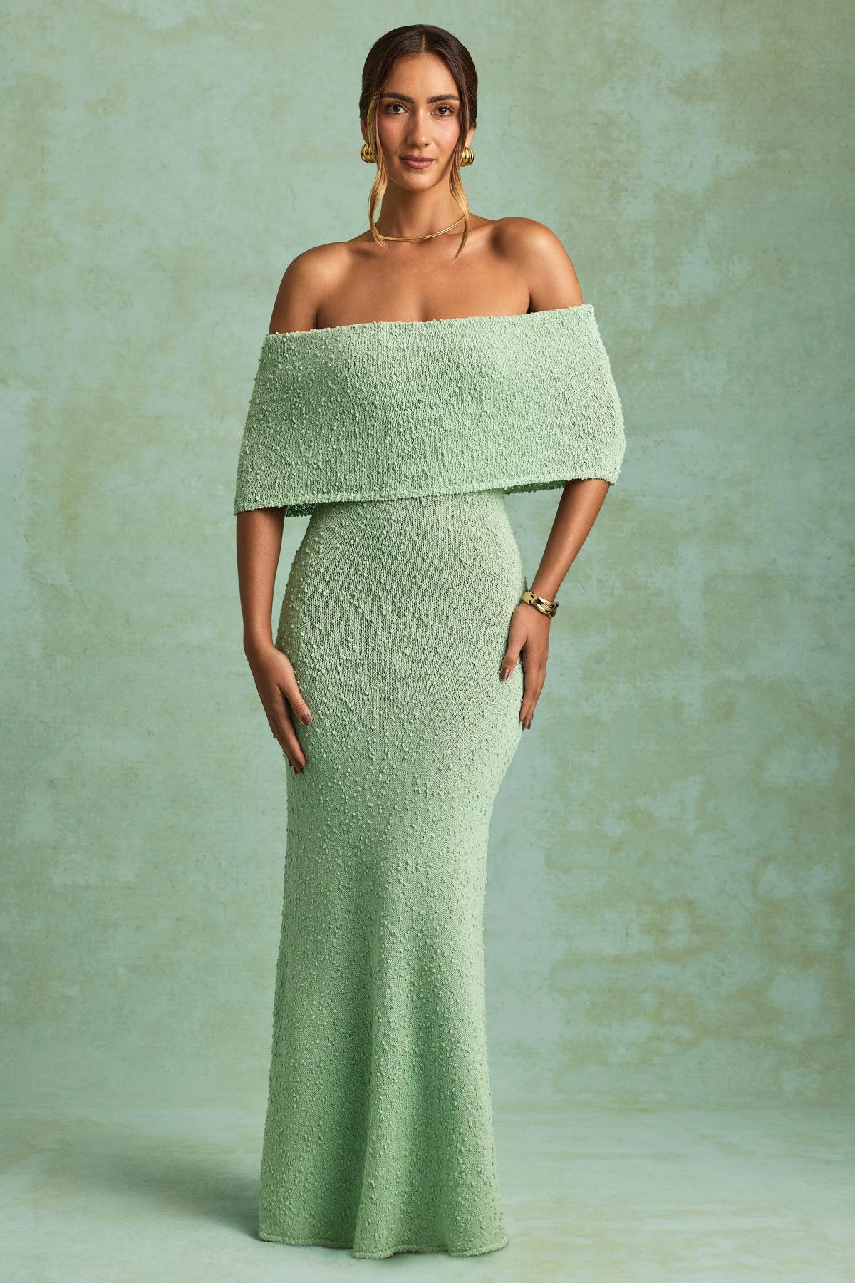 Bouclé Off-Shoulder Maxi Dress in Mint