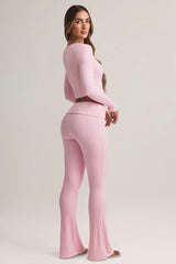 Modal Foldover Mid-Rise Flared Trousers in Pastel Pink